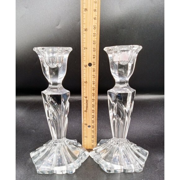 Candlestick Holders Clear 7 Inch Set 2 Elegant Design Vintage Glass Crystalline - Picture 2 of 14